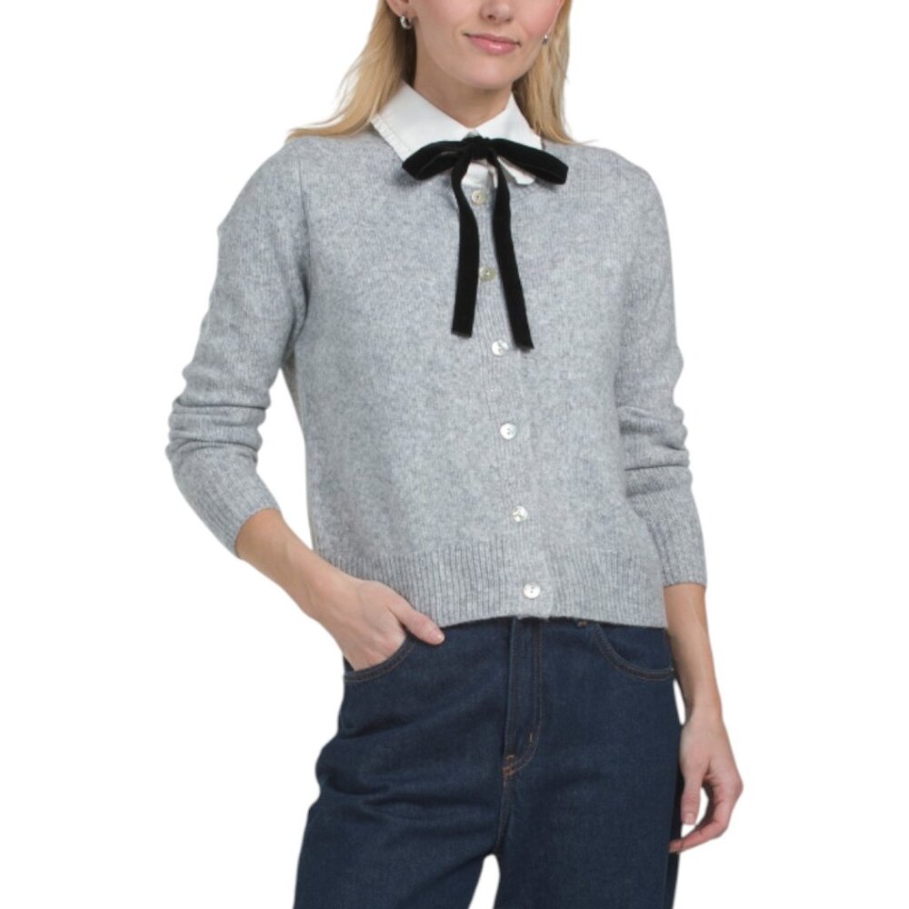 Cynthia Rowley Light Gray Button-Up Cardigan with Black Ribbon Bow
